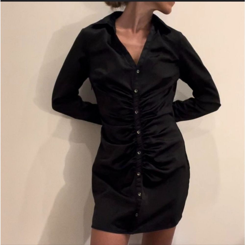 Zara Satin Effect Black Long Sleeve‎ Midi Dress Size Small